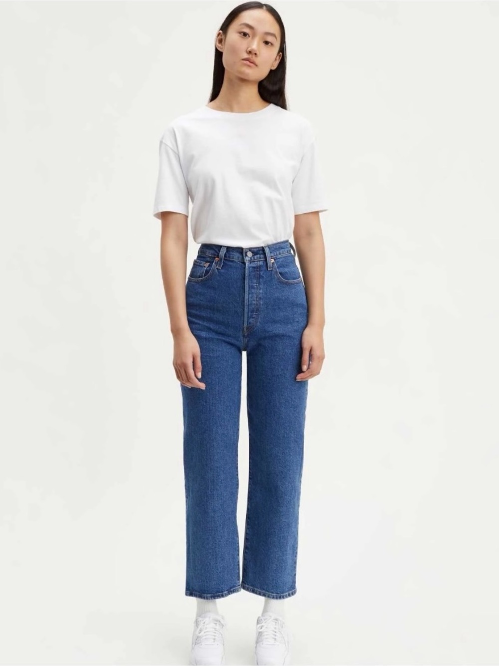 Levi's Indigo Wash Wide Ribcage Straight Ankle Cropped High Rise Denim Jeans - Picture 2 of 12